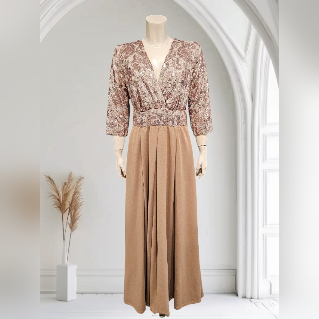 Kiyonna Size 1x Paris Pleated Sequin Bodice A Line Evening Gown Rose Gold Tan